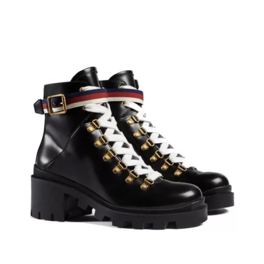 Gucci Sylvie Web 55mm Ankle Boot Black Leather EU Size 41.5 , US Size 11.5